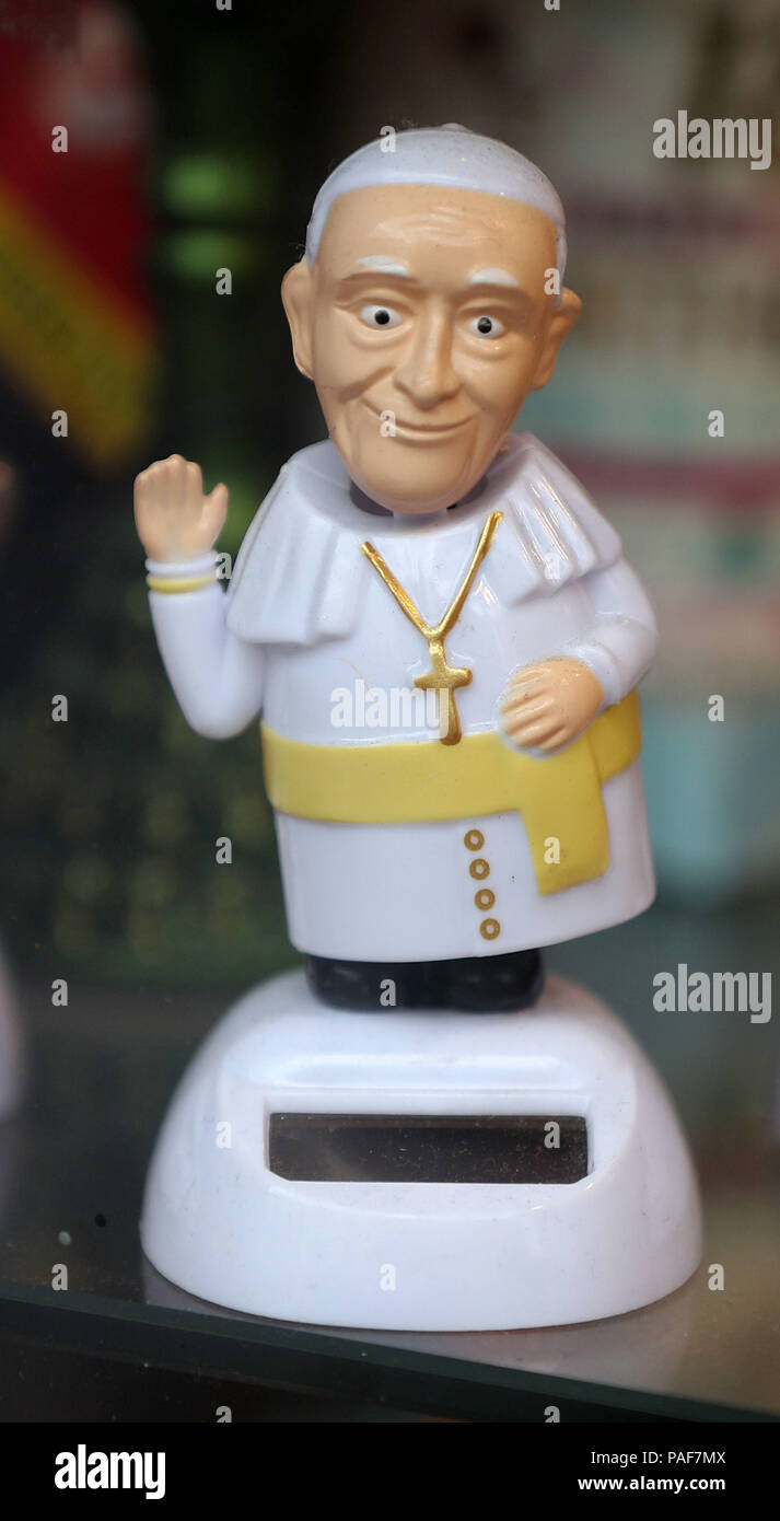 Pope Francis novelty alarm clocks on sale in Dublin as Ireland prepares