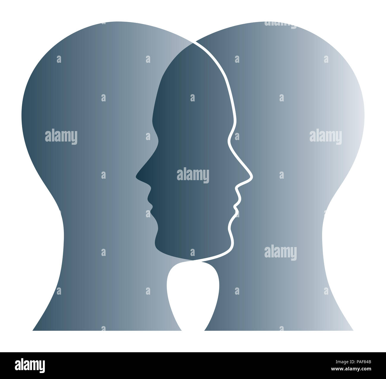 Gray silhouettes of two heads on white background. Two overlapping faces as symbol for anxiety, uncertainty, doubt and other psychological problems. Stock Photo