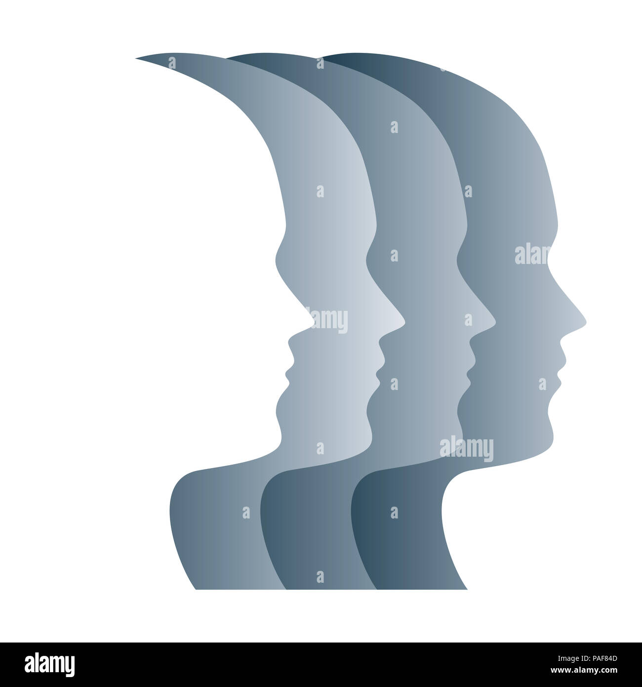 Gray silhouettes of faces, positioned in a straight row. Four overlapping heads, as a symbol for egality, marching in step, military and obedience. Stock Photo