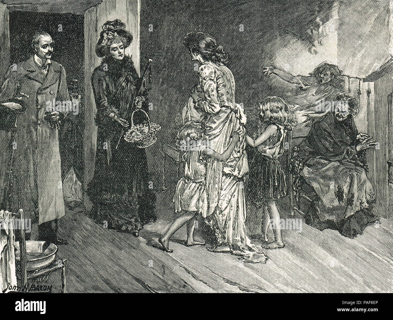 Rich Slummers, visiting the poor, 1884.  A party of slummers, West meets East.  Voyeurism disguised as amateur philanthropy. Stock Photo