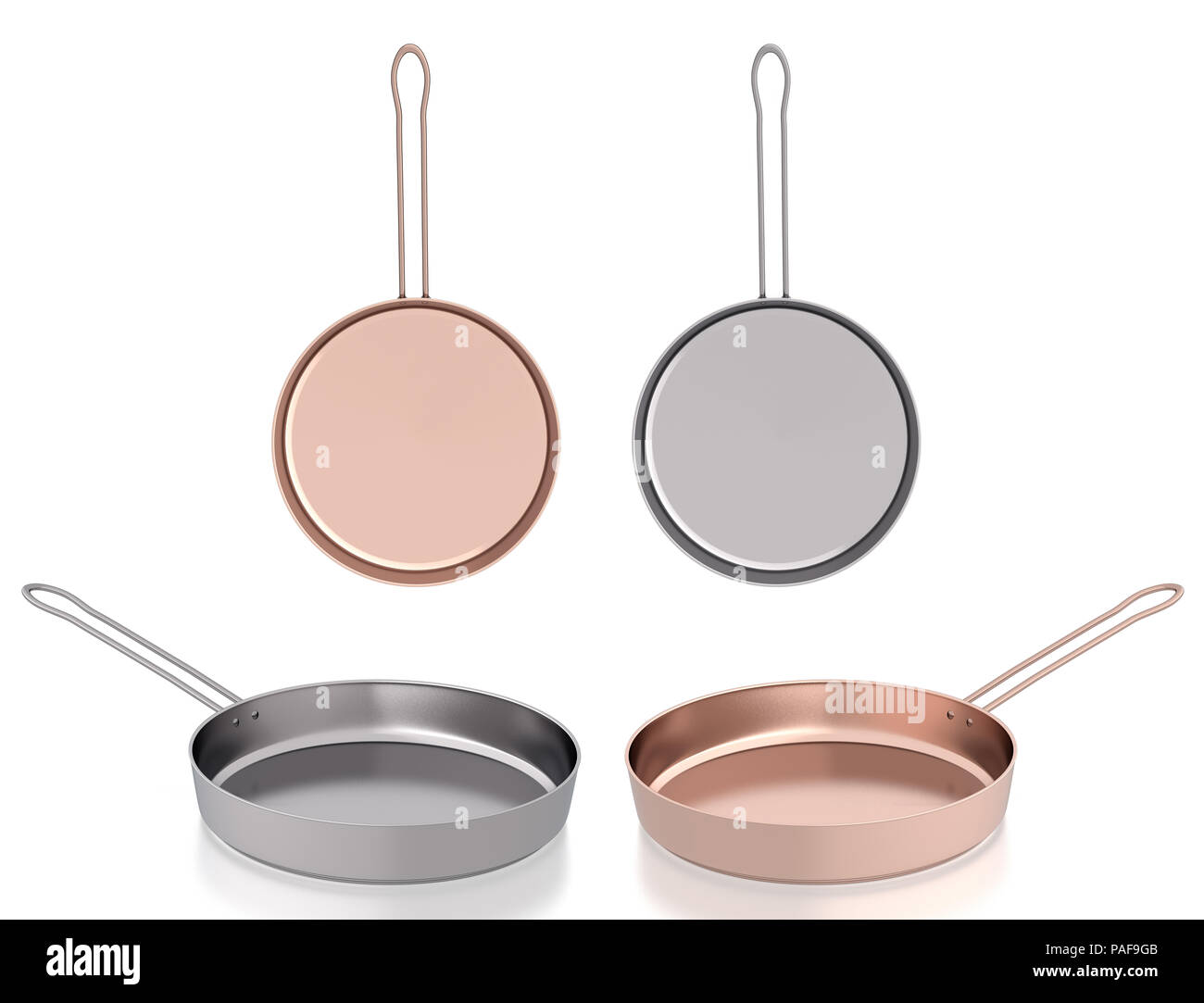 Steel and copper frying pans set isolated on white. Side view and view above Stock Photo
