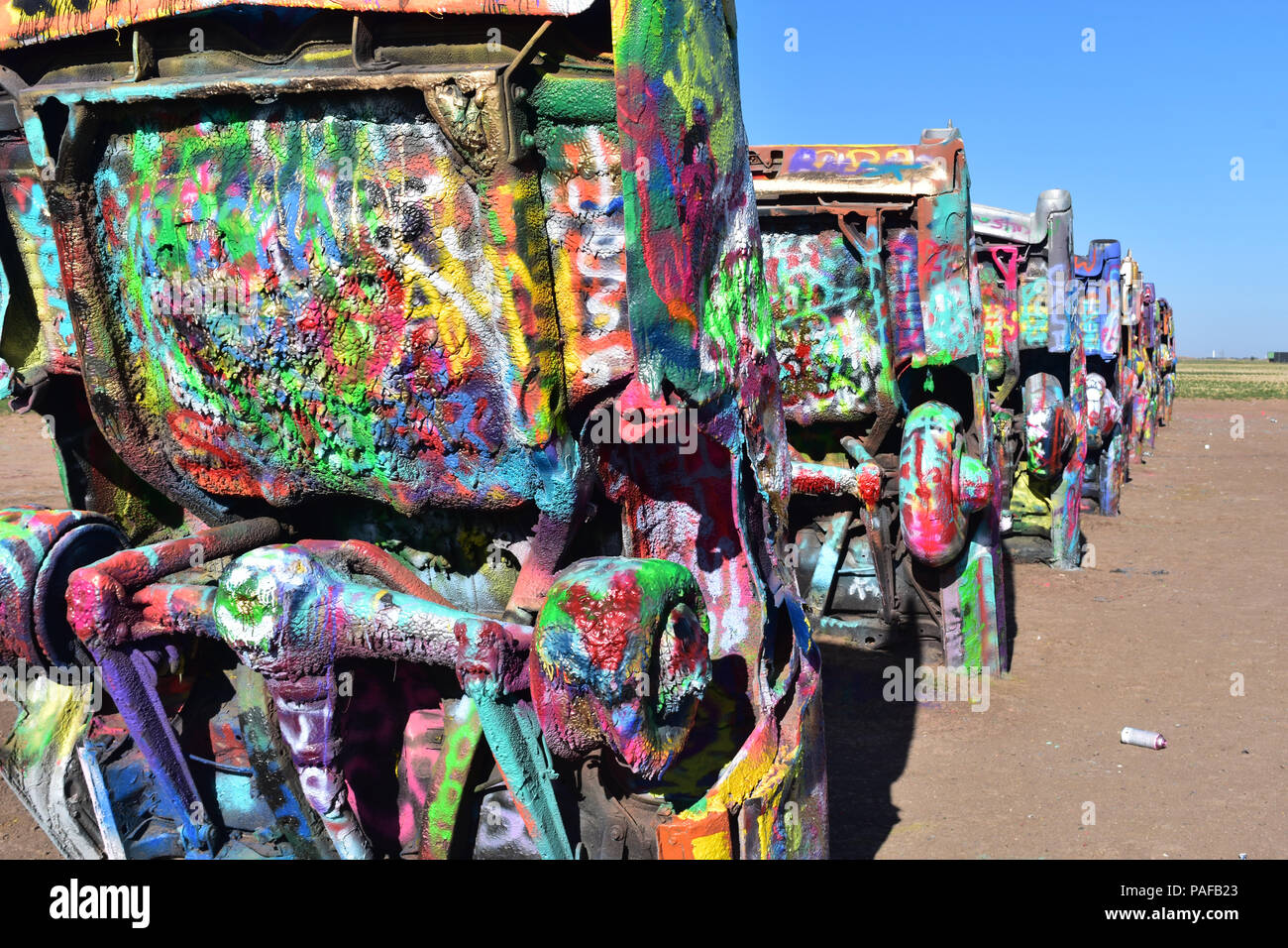 Texas' Cadillac Ranch with colorfully spray painted cars Stock Photo