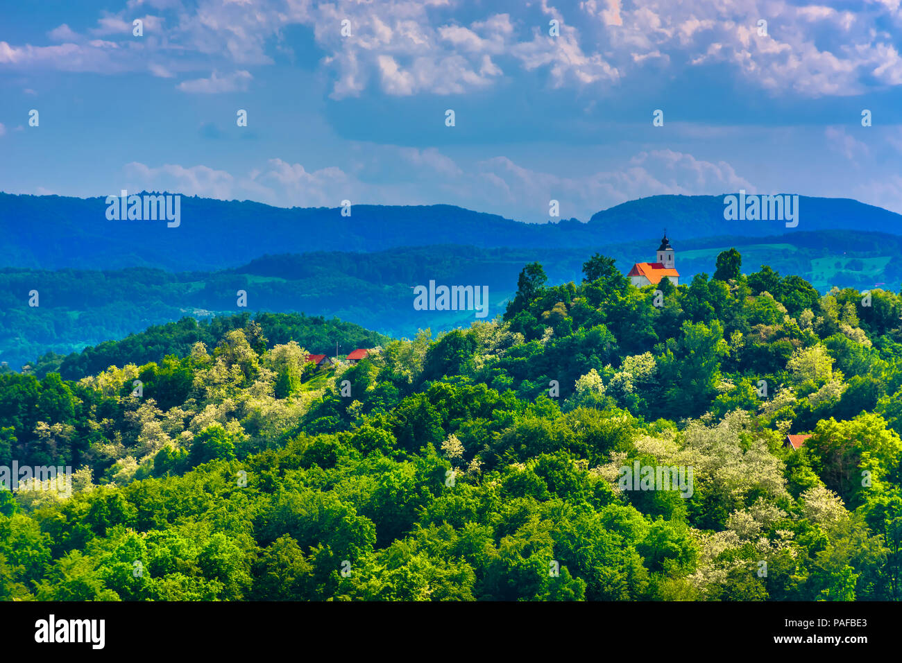 Scenic view at famous hills in Zagorje region, Croatia travel destinations. Stock Photo