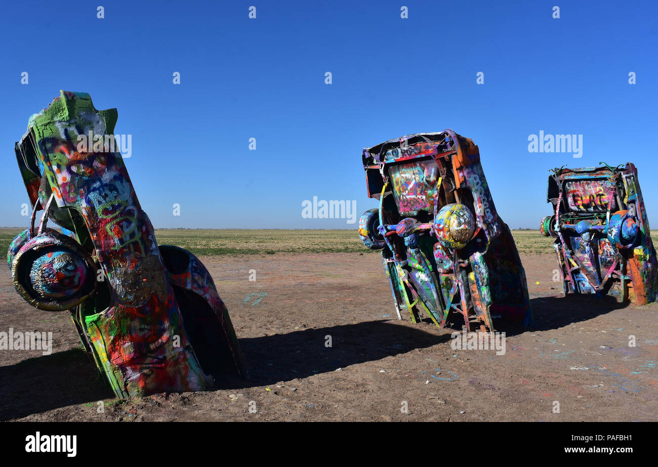 Spray painted cadillacs in Amarillo, Texas on Route 66 Stock Photo - Alamy