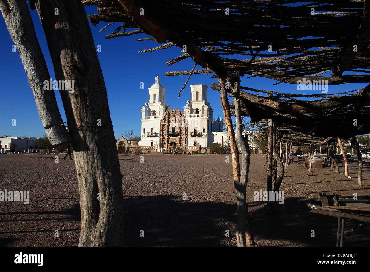 A Simpler Time: Beautifully renovated San Xavier Mission, Tucson, Arizona. Suitable for framing and display in hotel/motel rooms and travel agencies. Stock Photo