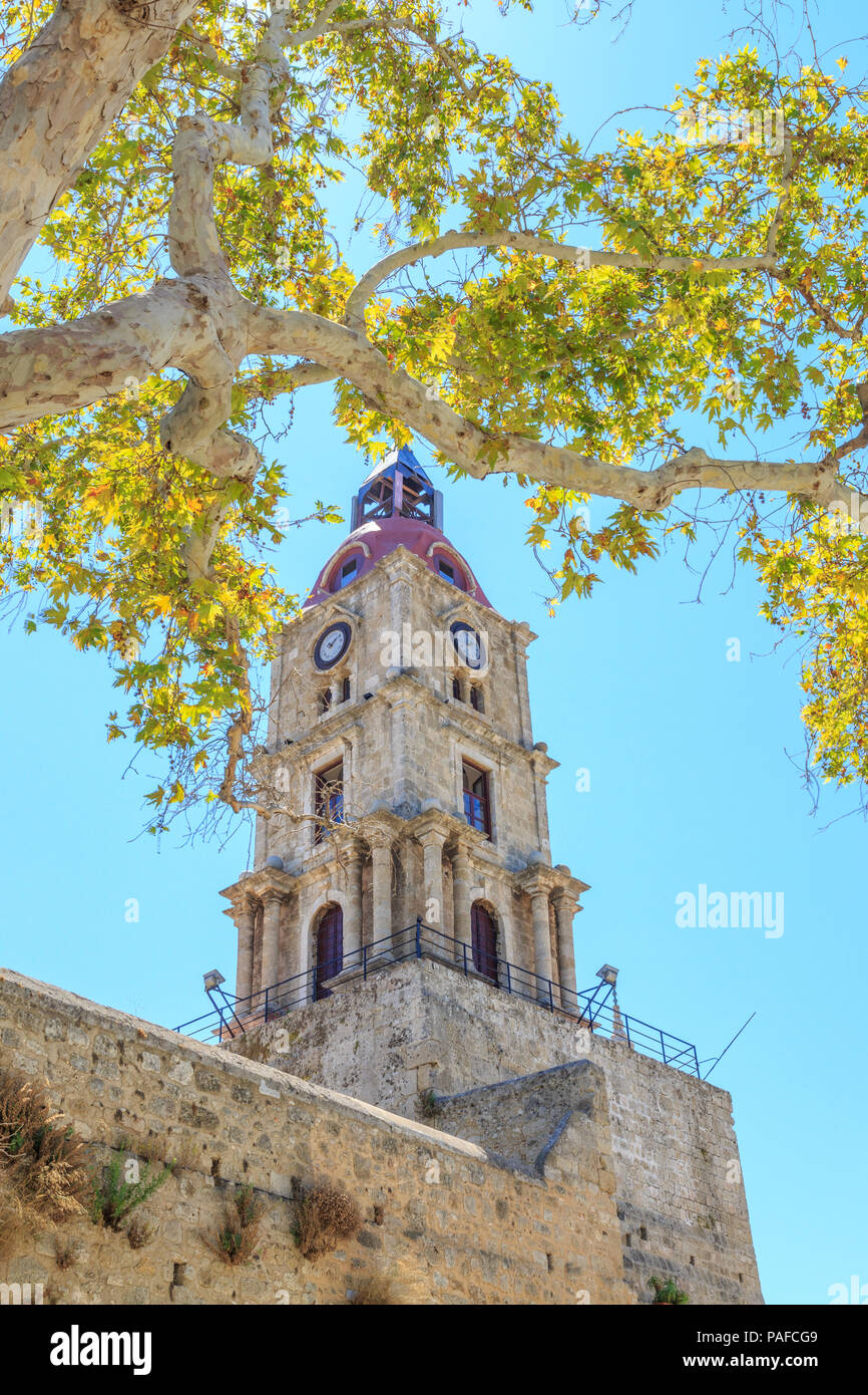 Roloi Medieval clock tower roloi in old town Rhodes, Dodecanese, Greece Stock ...