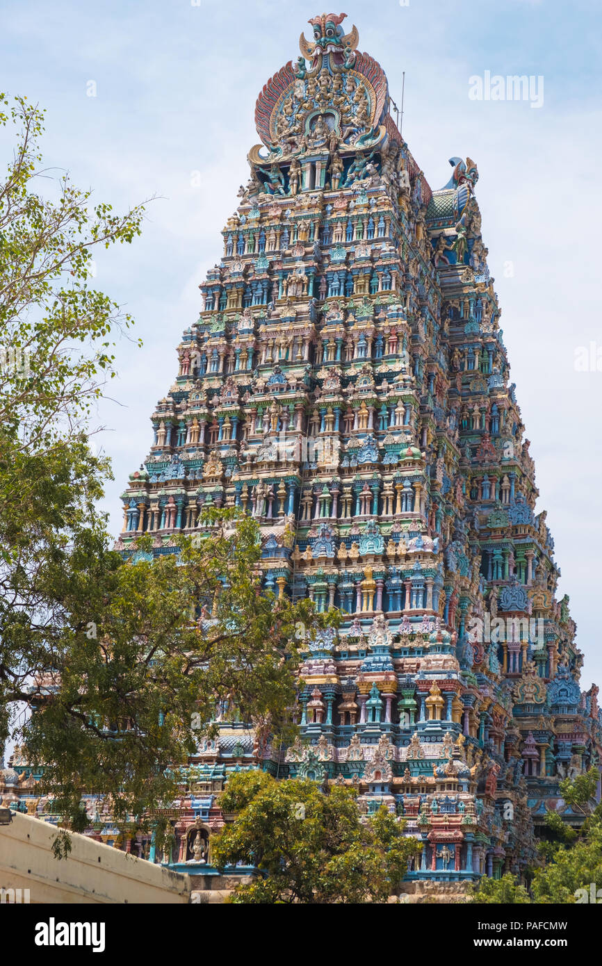 The western Gopuram, or gateway, to the Meenakshi temple complex  covering 45 acres in the heart of the city of Madurai in Tamil Nadu. Stock Photo
