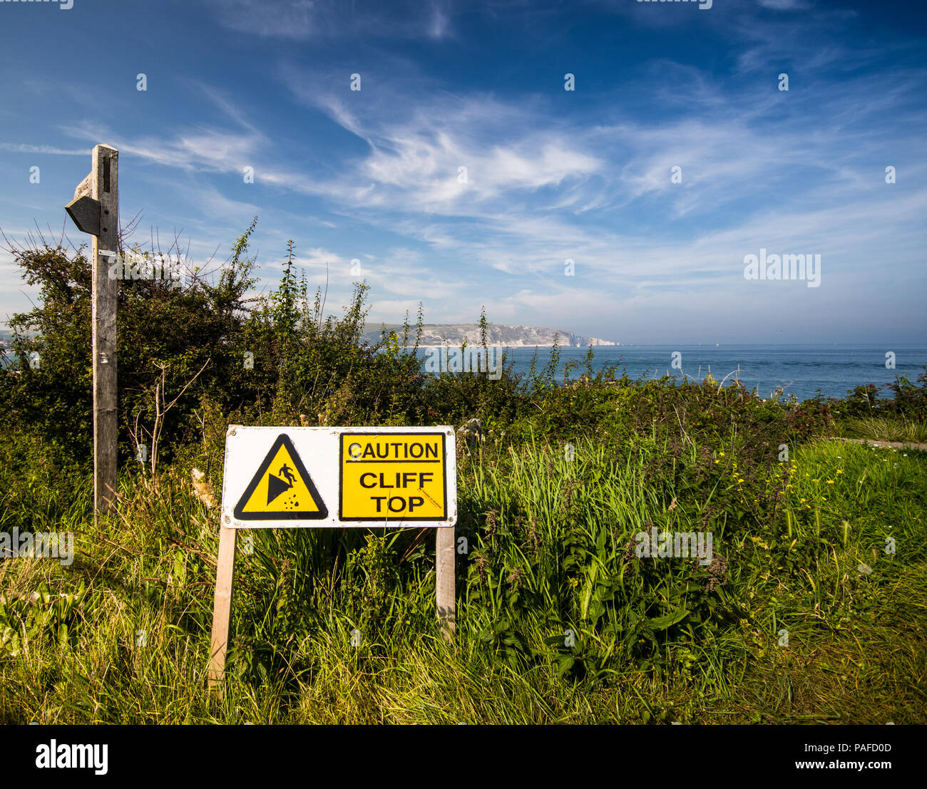Cliff top view across Swanage Bay towards Harry's Rocks, Swanage