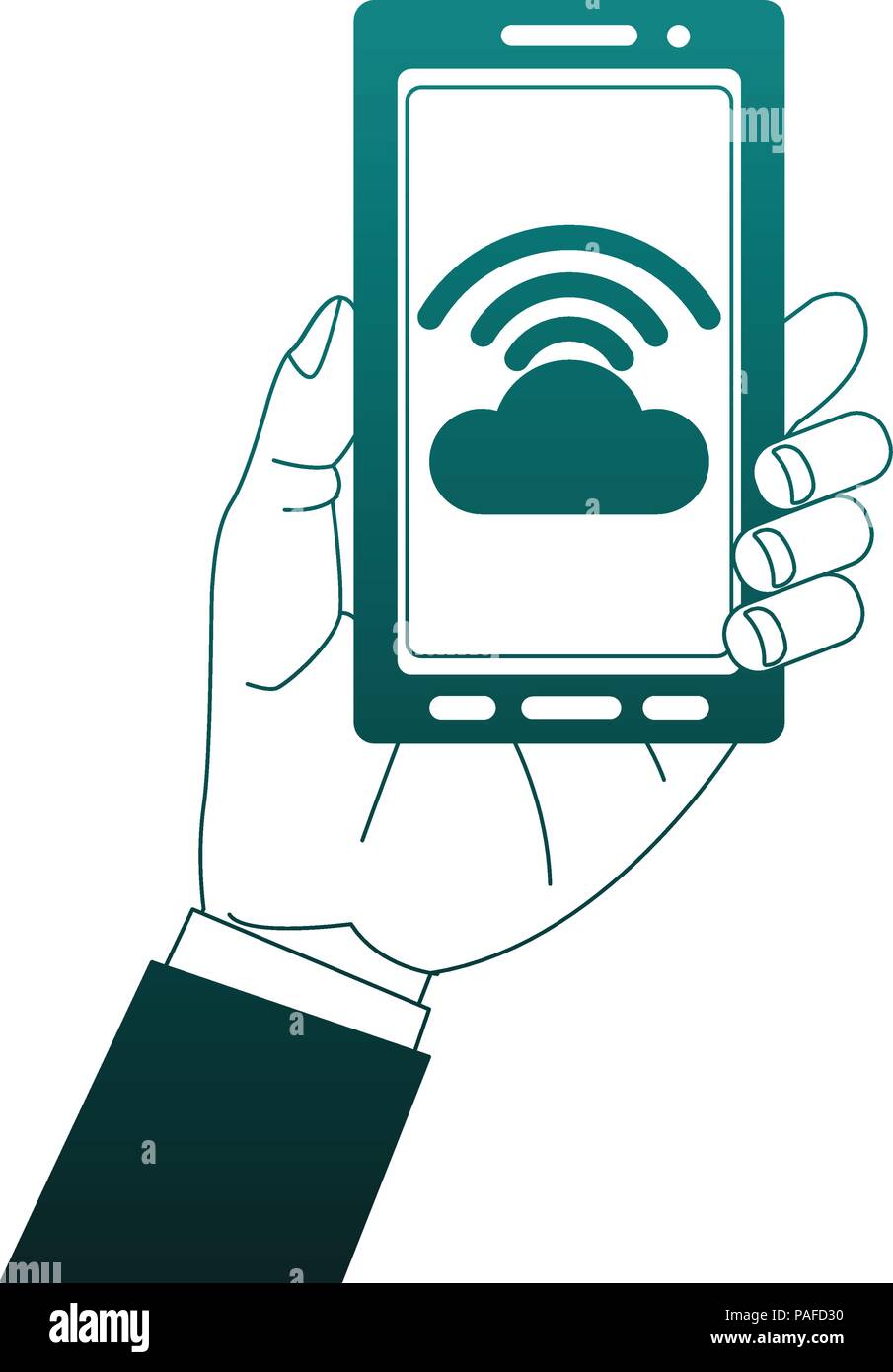 Hand holding smartphone with cloud computing vector illustration ...