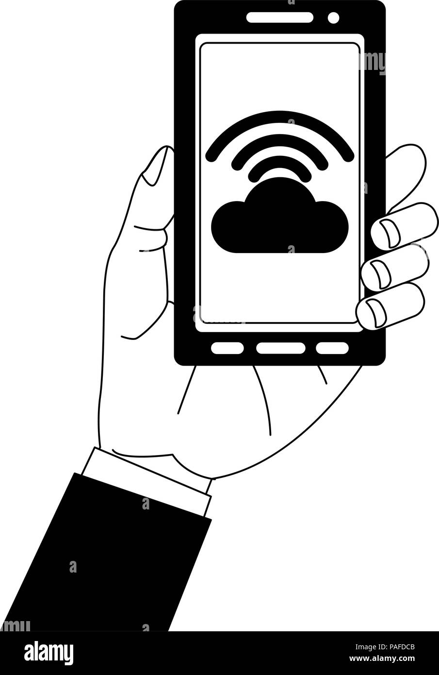 Hand holding smartphone with cloud computing vector illustration graphic design Stock Vector