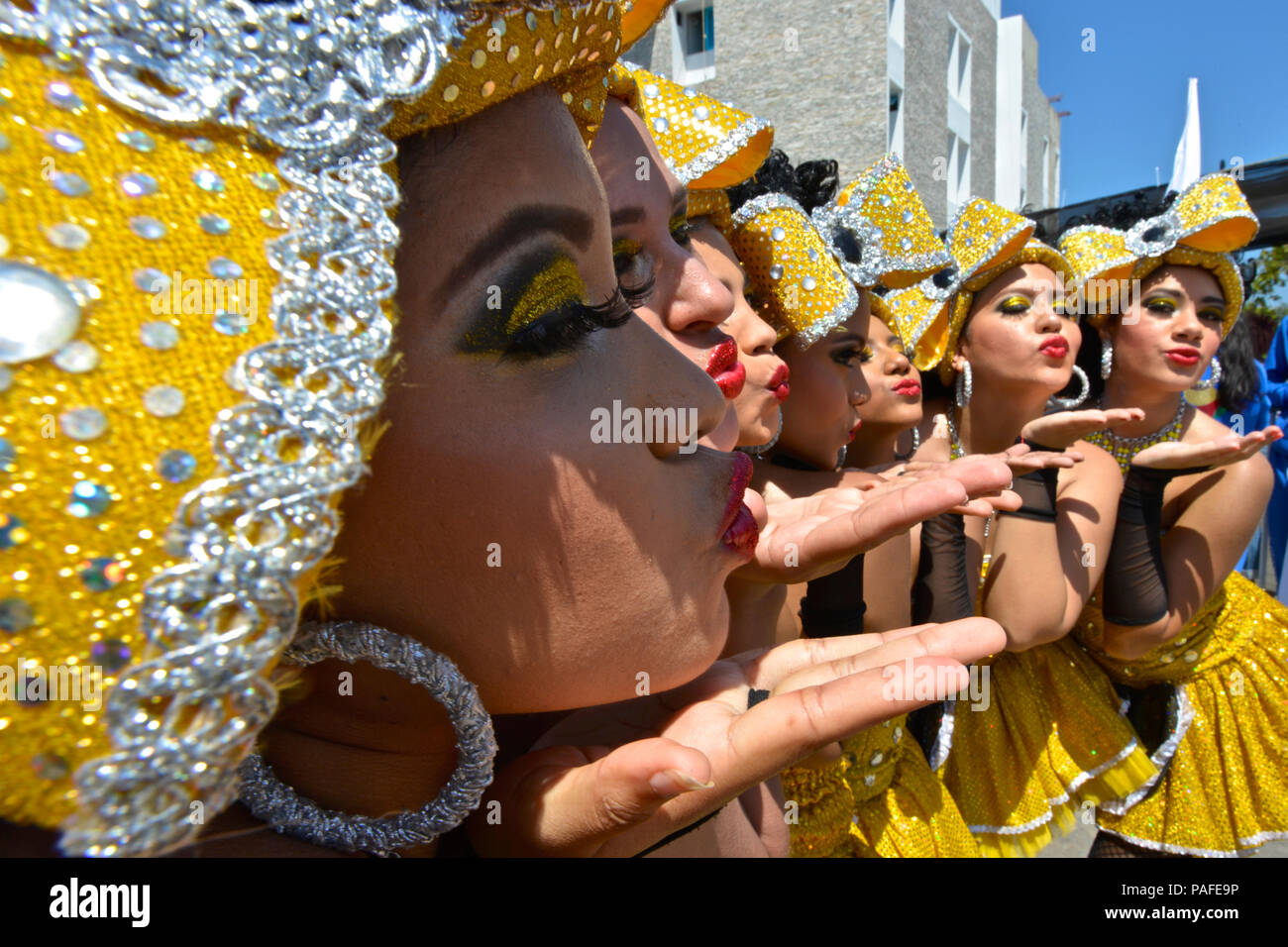 Negritas Puloy, from the Monterrey neighborhood. Battle of Flowers, Barranquilla Carnaval. Stock Photo
