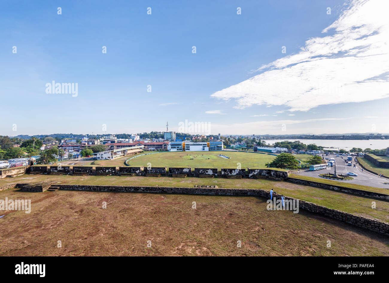 Panoramic view of the famous Galle cricket ground (Galle International Stadium) from the ramparts of Galle Fort, Galle, Southern Province, Sri Lanka Stock Photo