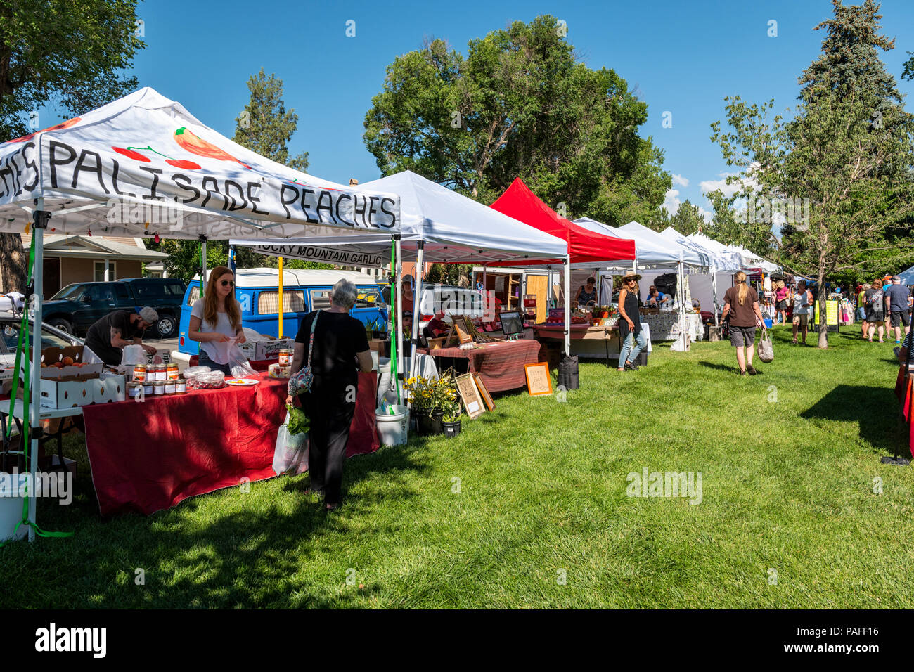 Vendors sell fresh vegetables, produce and other items at a seasonal farmers market in small mountain town of Salida, Colorado, USA Stock Photo
