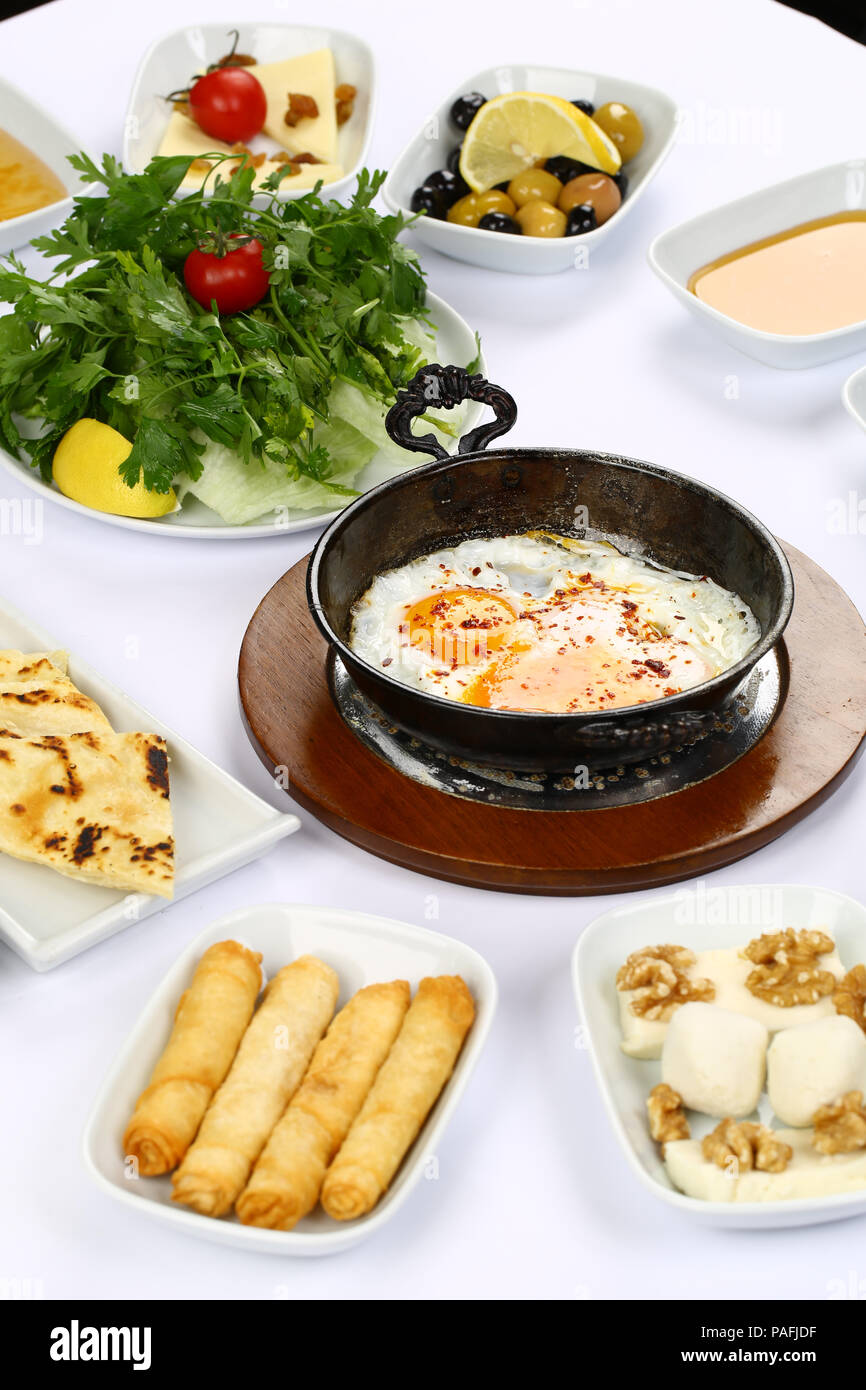 Turkish Breakfast with Fried Eggs Stock Photo