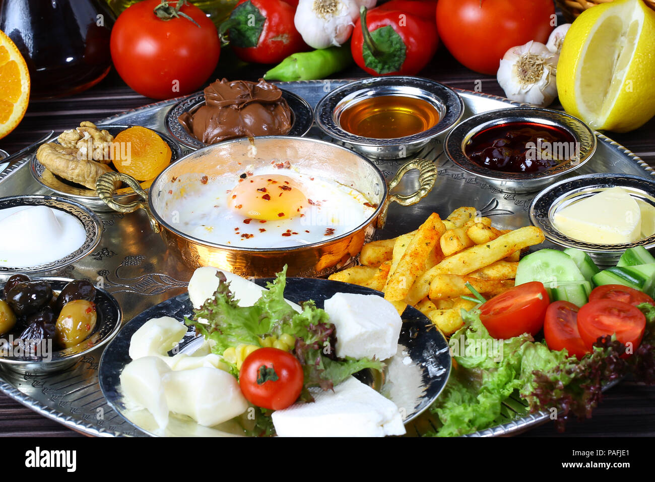 Turkish Breakfast with Fried Eggs Stock Photo
