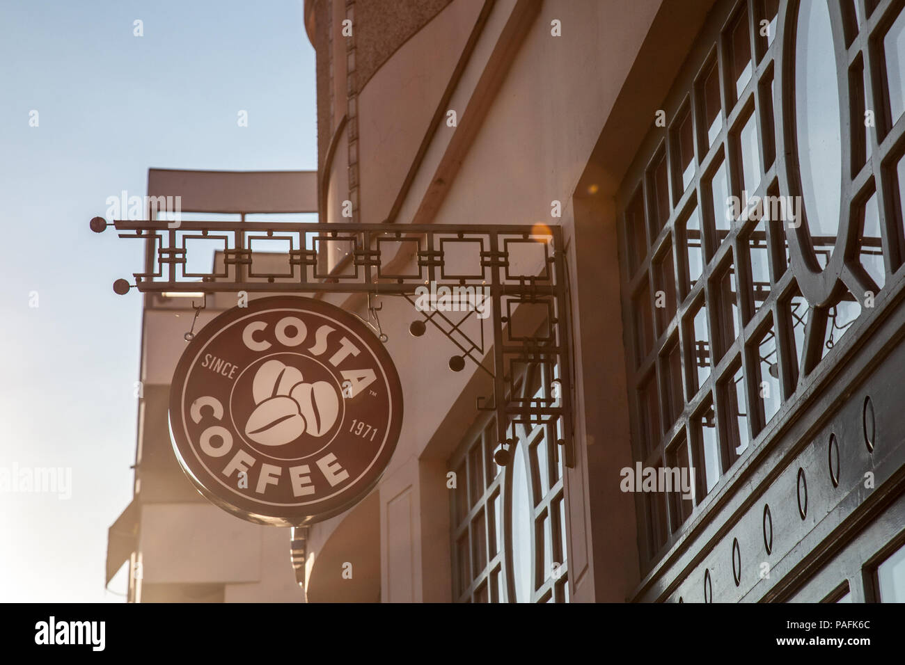 SZEGED, HUNGARY - JULY 3, 2018: Costa Coffee Logo on their main shop and coffee house in Szeged. Costa Coffee is a British multinational coffeehouse c Stock Photo