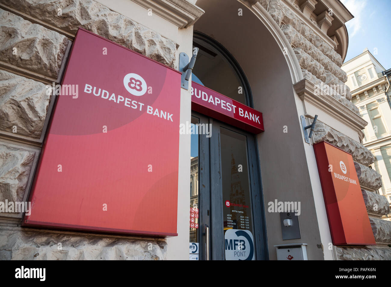 SZEGED, HUNGARY - JULY 3, 2018: Budapest Bank Logo on their main office afor Szeged Szeged. Budapest Bank is a Hungarian Commercial Bank, one of the b Stock Photo