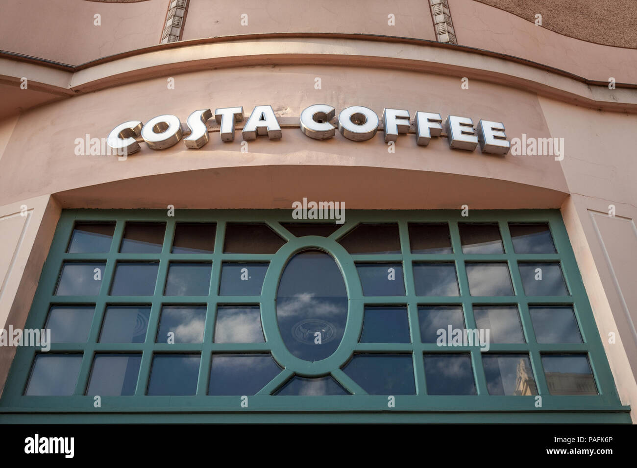SZEGED, HUNGARY - JULY 3, 2018: Costa Coffee Logo on their main shop and coffee house in Szeged. Costa Coffee is a British multinational coffeehouse c Stock Photo