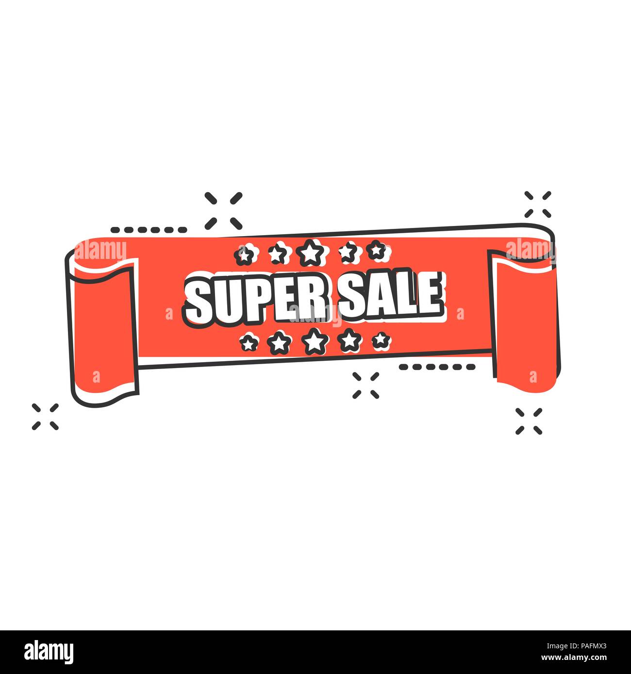 Vector cartoon super sale ribbon icon in comic style. Discount, sale ...