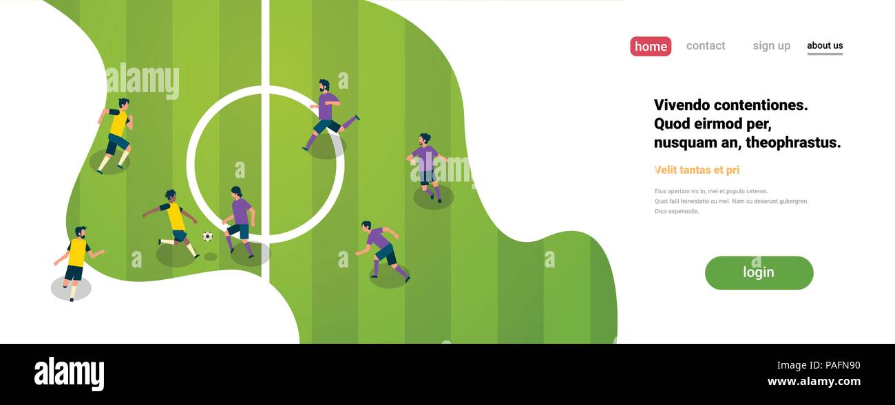 football match with players top angle view soccer game championship concept flat banner copy space vector illustration Stock Vector