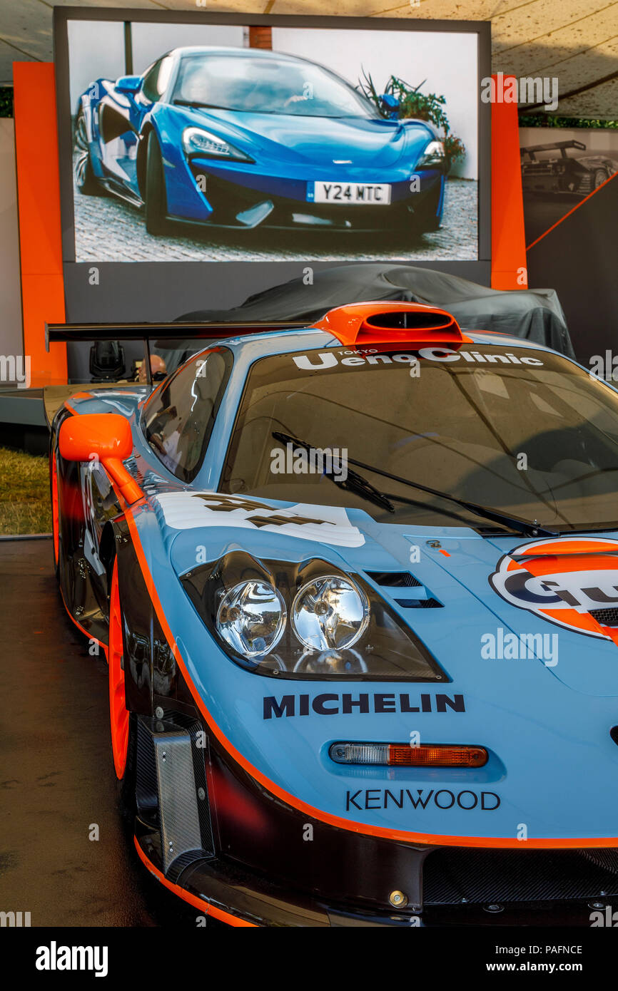 McLaren F1 GTR 'Longtail' Gulf on static display in front of a video screen at the 2018 Goodwood Festival of Speed, Sussex, UK. Stock Photo