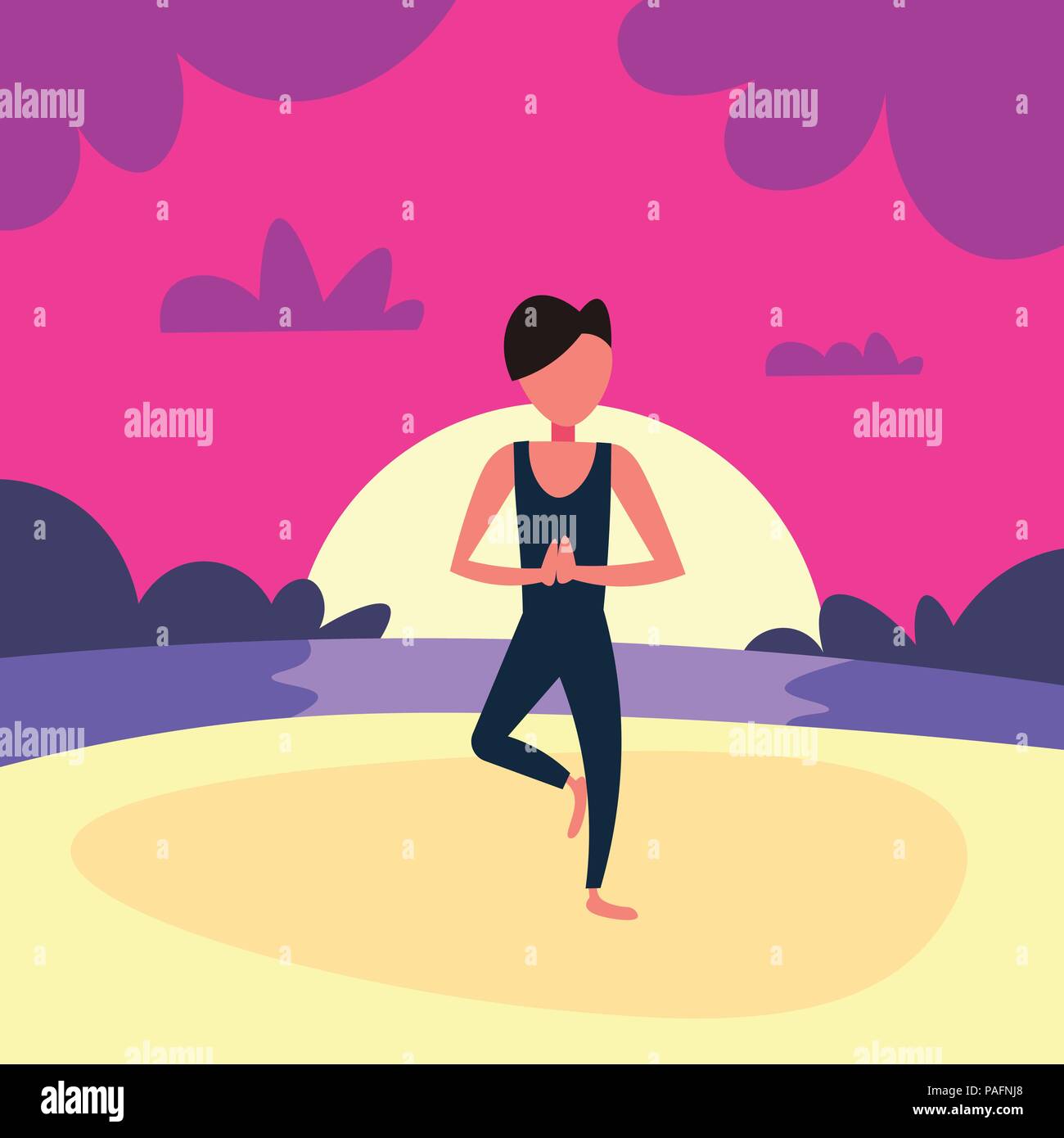 man doing yoga exercises sunset beach background male sport activity cartoon character full length flat Stock Vector