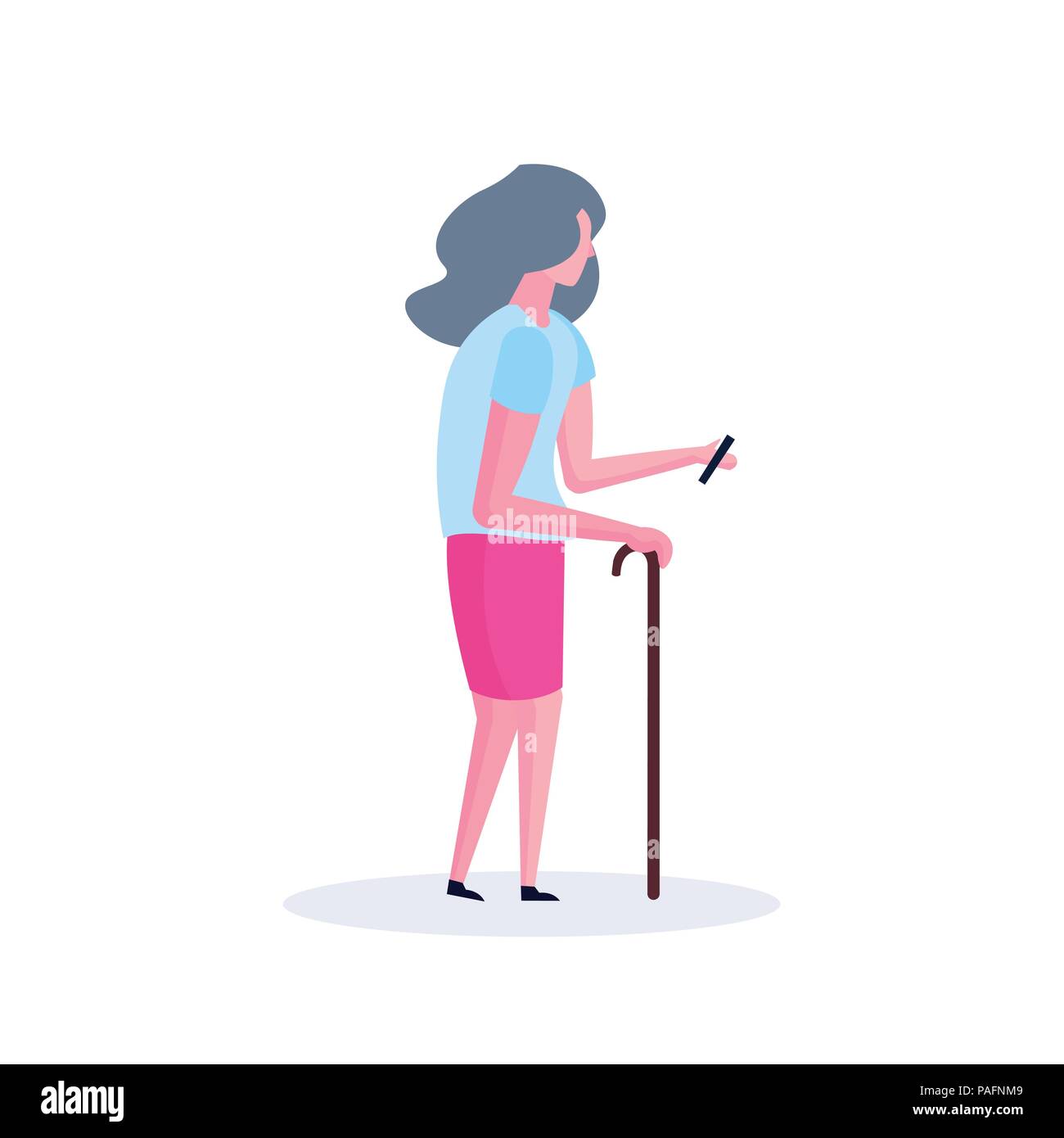 old woman character using smartphone elderly granny walking isolated full length flat cartoon vector illustration Stock Vector