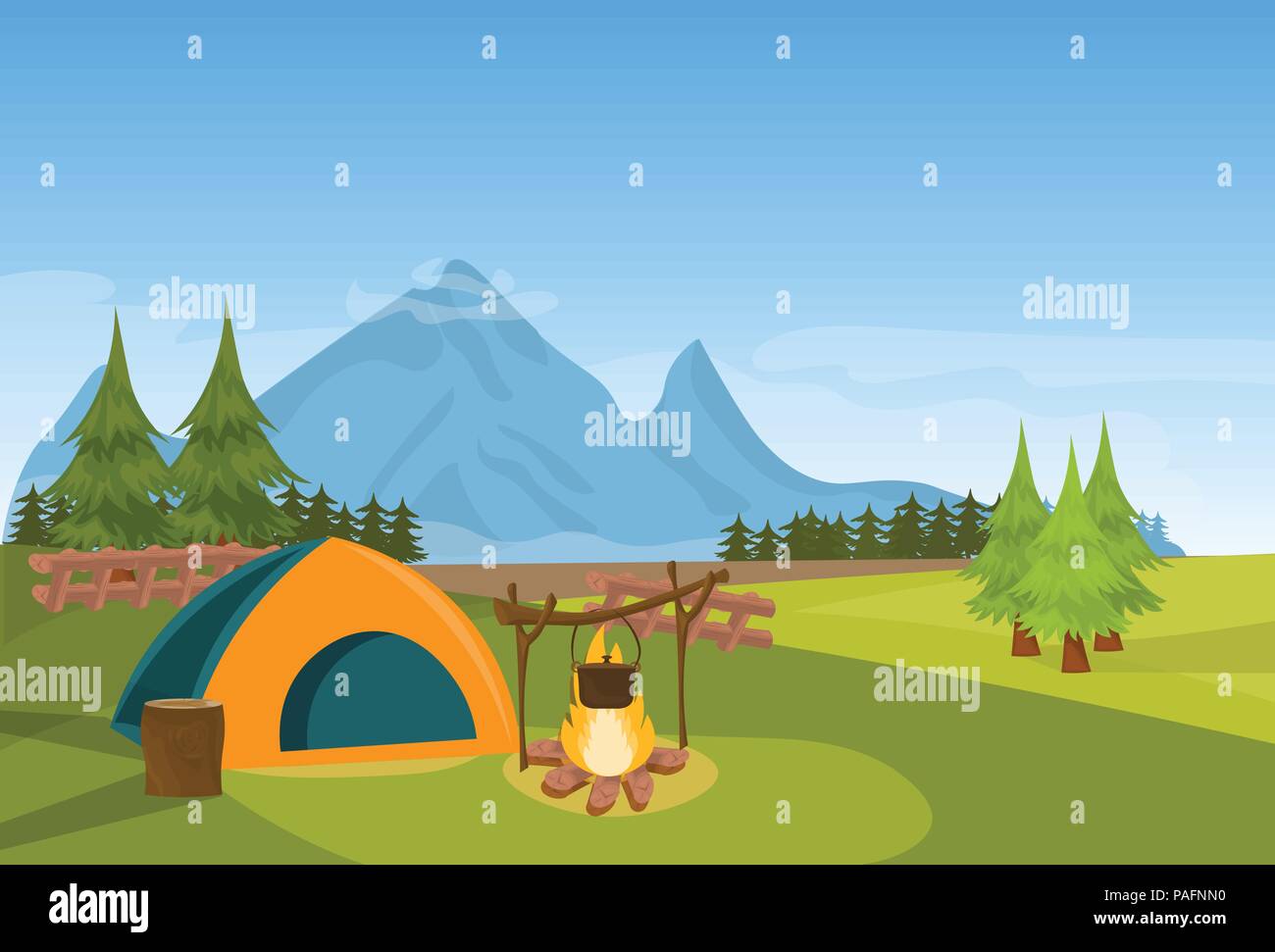 Tent camping fire forest mountain expedition vacation concept flat horizontal Stock Vector