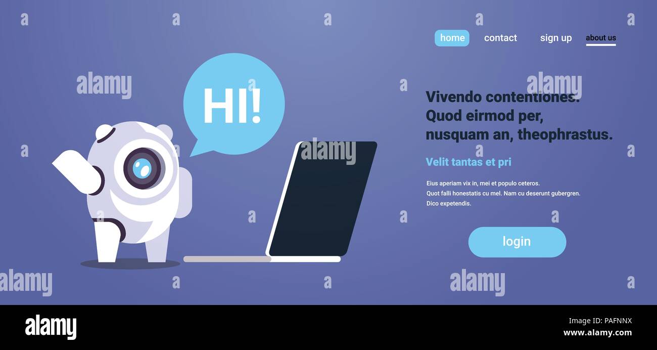 Chat bot using laptop computer speech bubble robot virtual assistance website mobile applications artificial intelligence concept flat horizontal copy space Stock Vector