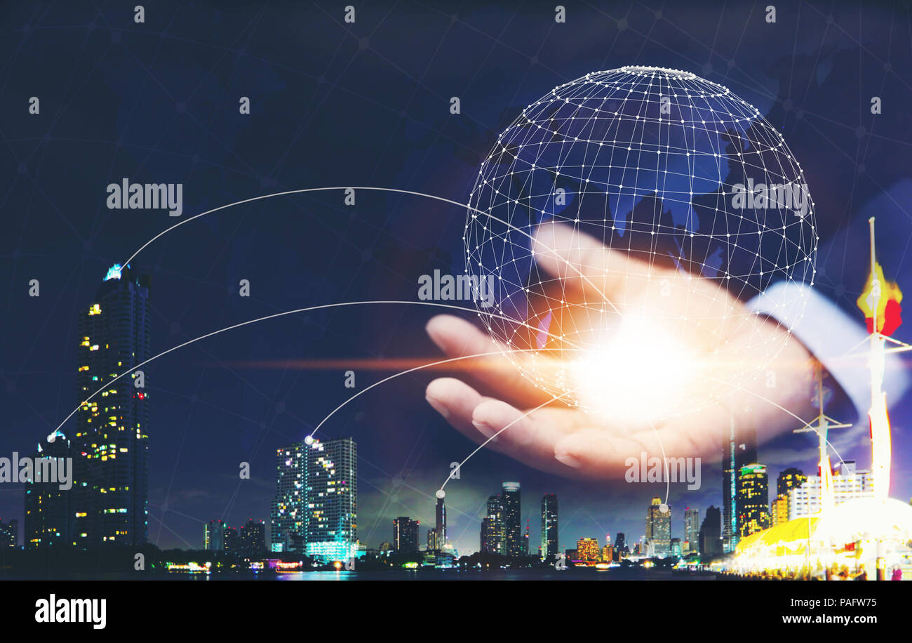 A man hand holding the digital global network technology digital ...