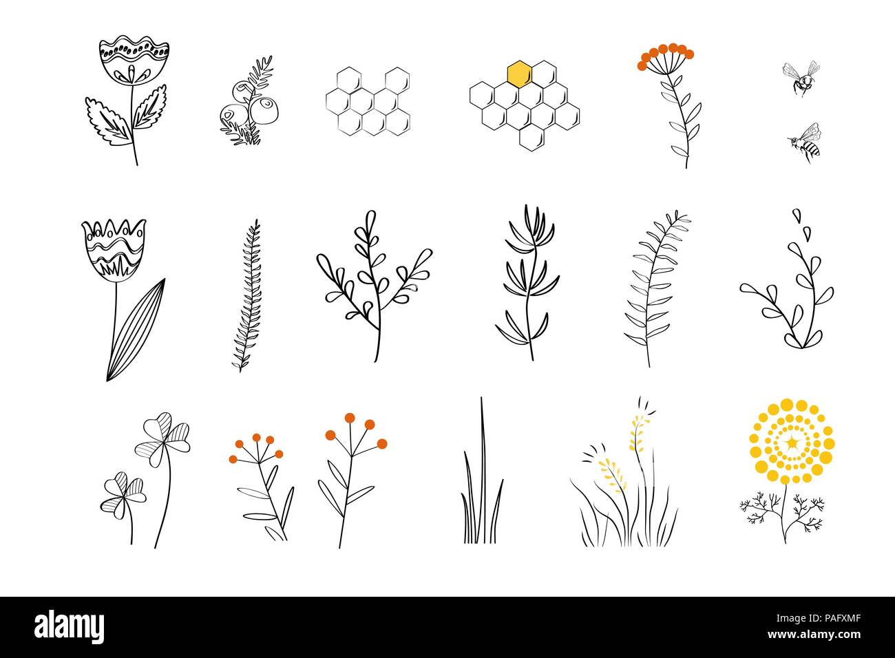Doodle plants - cartoon nectar sources for honey bees. Vector hand drawn set, linear style Stock Vector