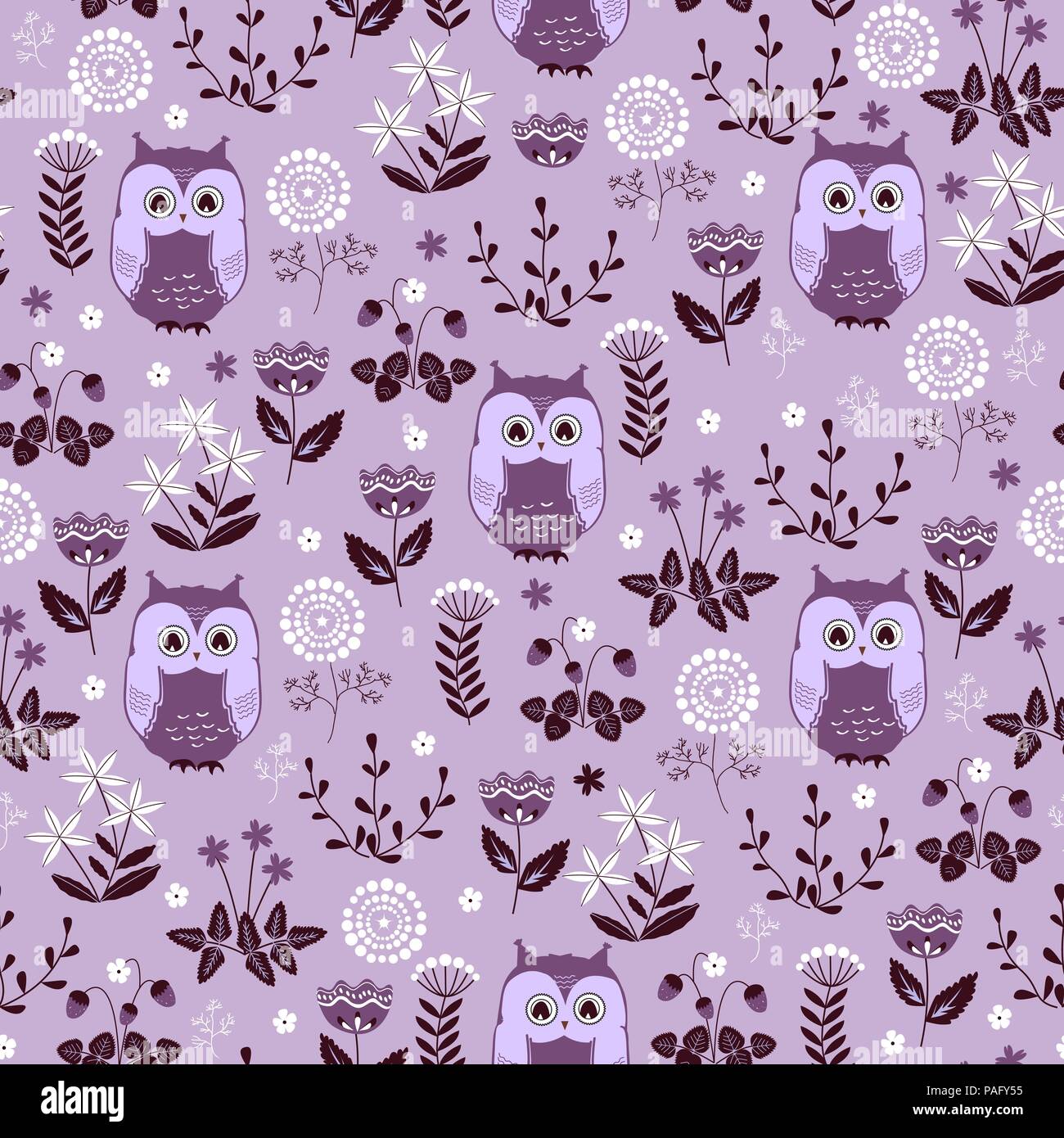 Cute colorful floral seamless pattern with owls. Design for bed linen ...