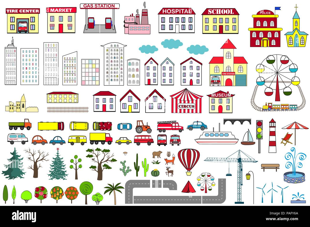Set of cartoon city map elements. Vector illustration. Buildings, cars, road, trees, and other city objects Stock Vector