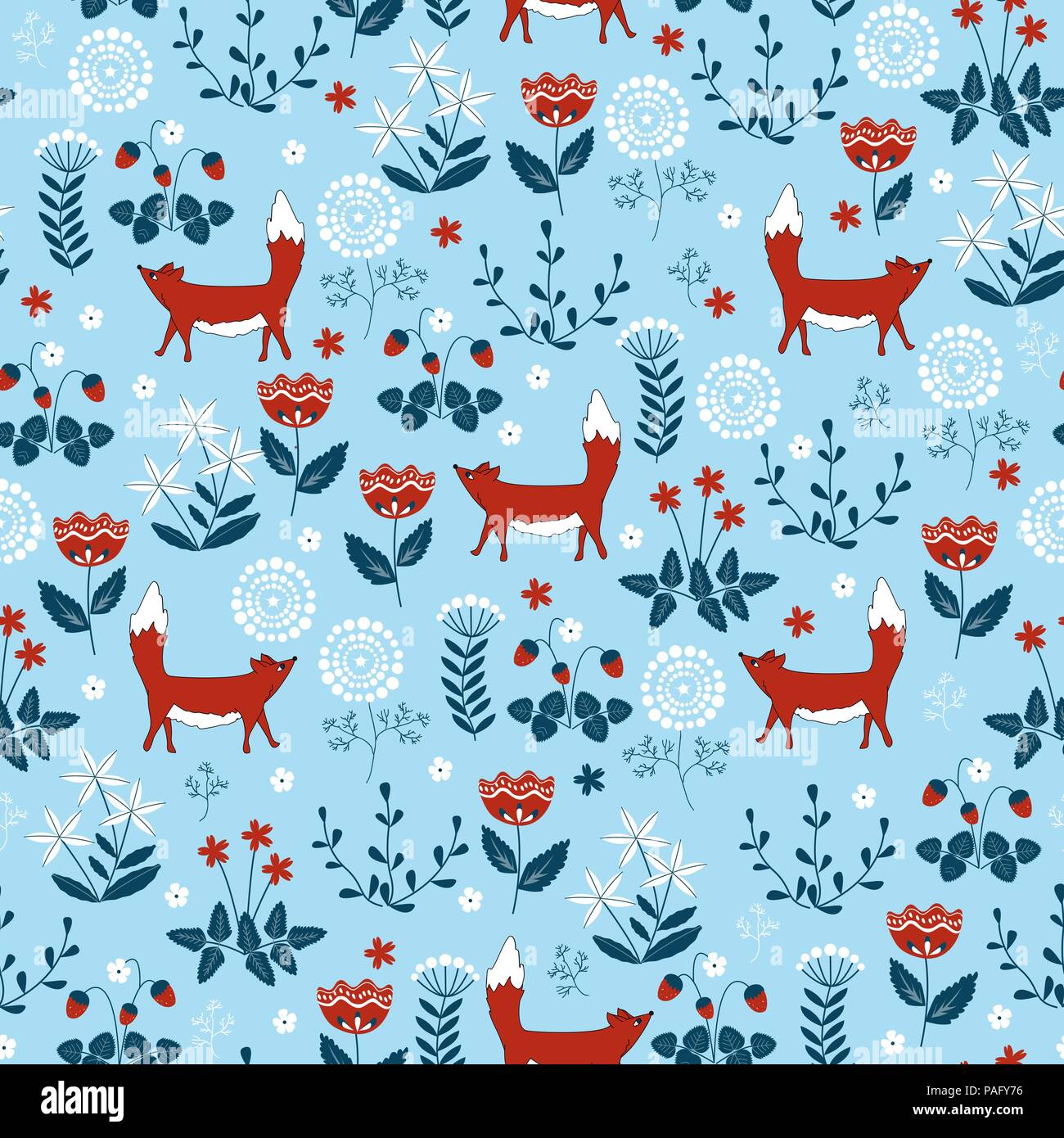 Forest seamless pattern with cute little foxes and trees. Vector ...