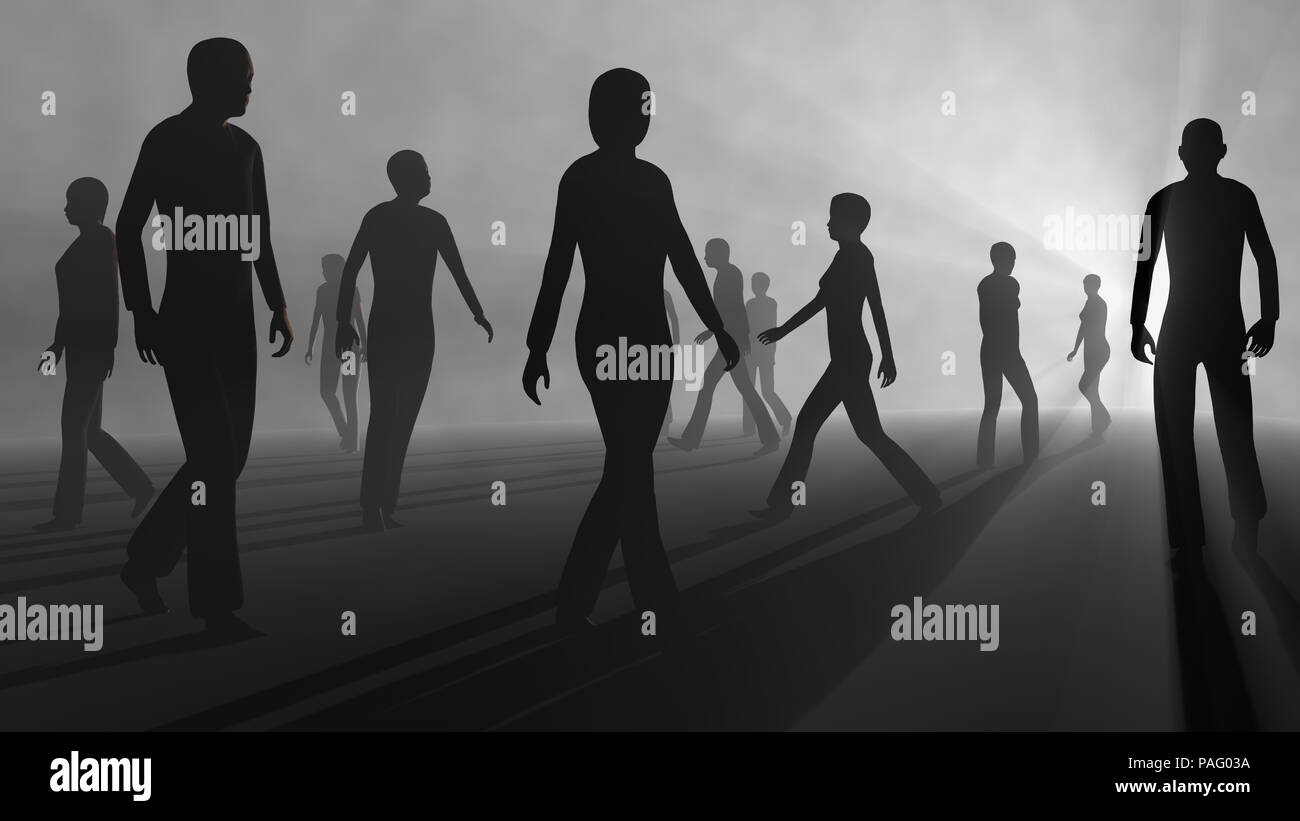 Blurred People, spirits walking in spectral fog, after life plane . 3d rendering Stock Photo