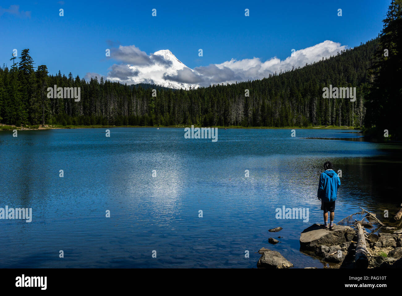 A fisherman fishes at Frog Lake, Mt. Hood National Forest, Oregon, USA