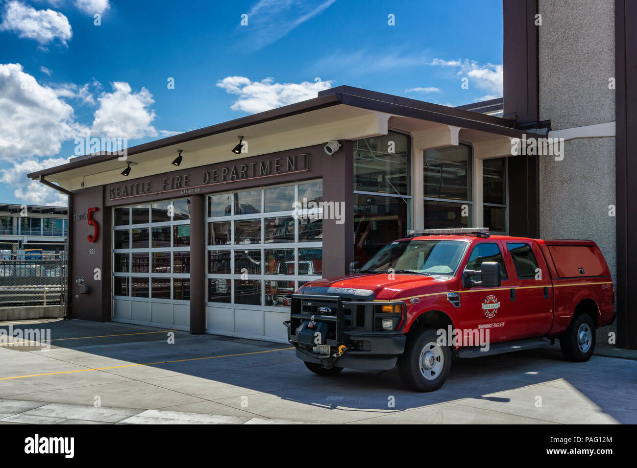 Seattle Fire Department Station 5 front building with a parked emergency car, Seattle waterfront, WA, USA. Stock Photo