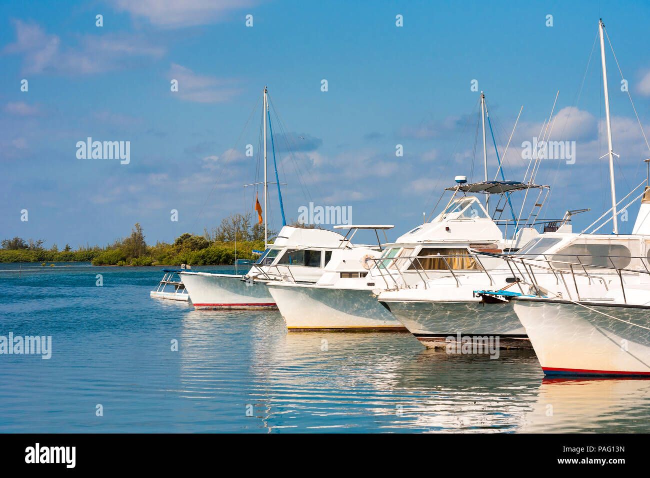 CAYO LARGO, CUBA - MAY 10, 2017: White yachts near the shore. Copy space for text Stock Photo