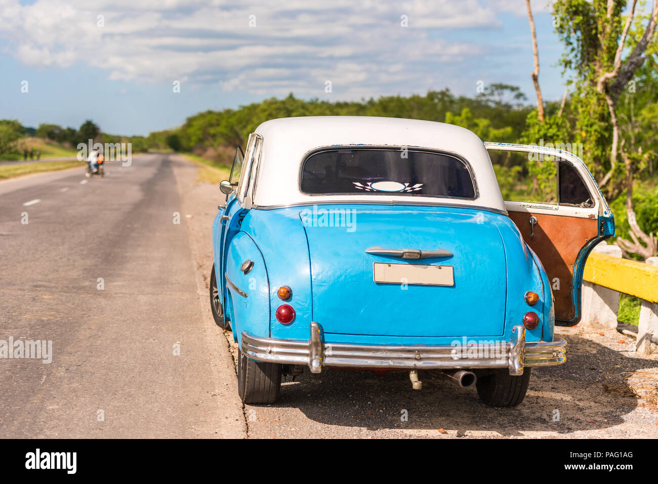 American retro car on the road, Vinales, Pinar del Rio, Cuba. Copy space for text Stock Photo