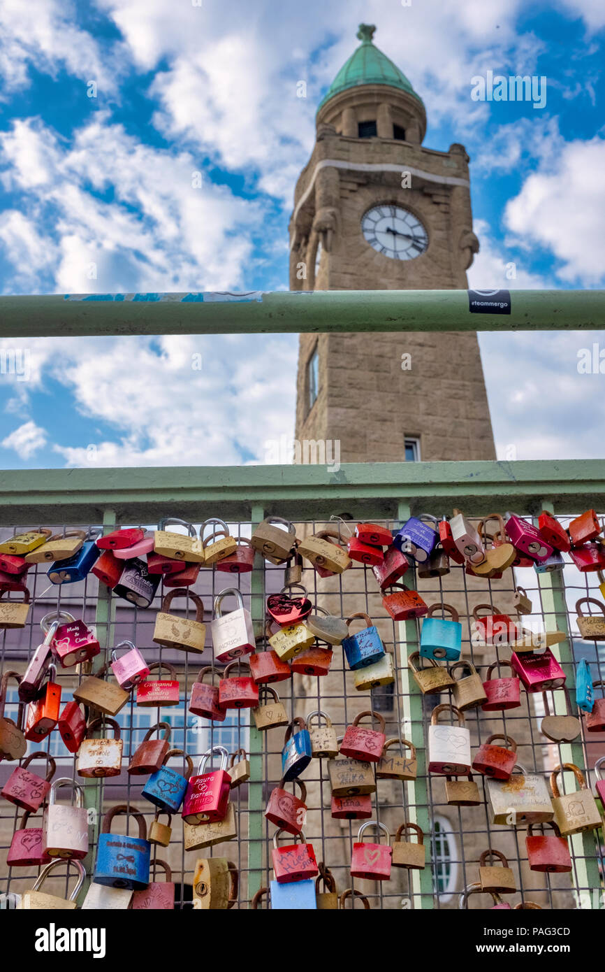 Love locks on the bridge to the St. Pauli Piers, Hamburg, Germany Stock Photo