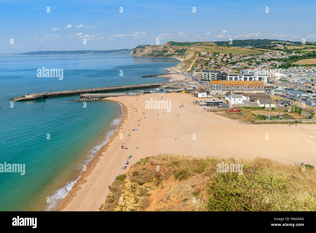 A view of West Bay in Dorset, taken from the nearby cliff made famous by the television series 'Broadchurch'. Stock Photo