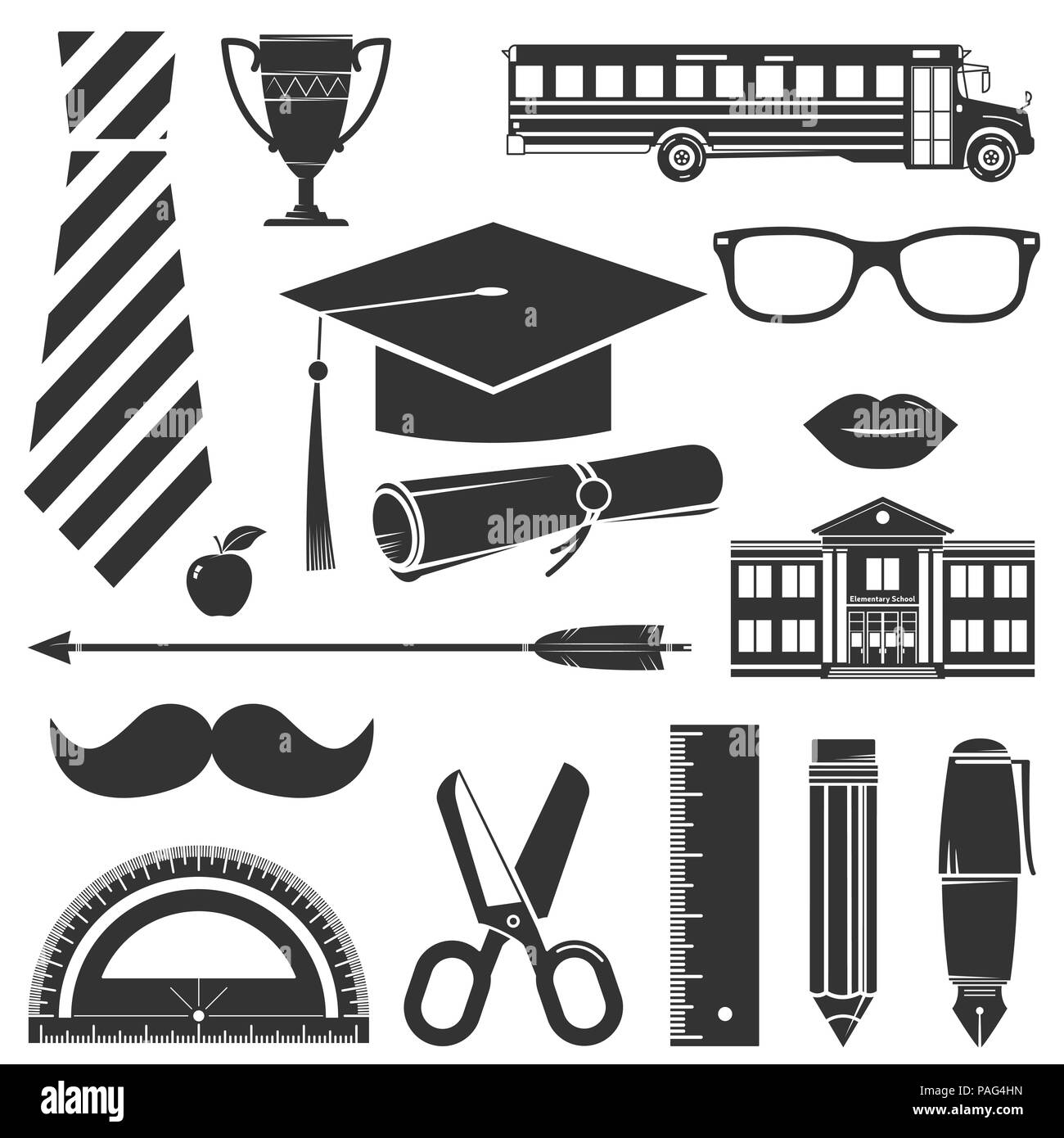 Graduation Icons set isolated on white. Vector illustration. For logo design, patches, seal, logo or badges. Set include graduation cap, diploma, penc Stock Vector