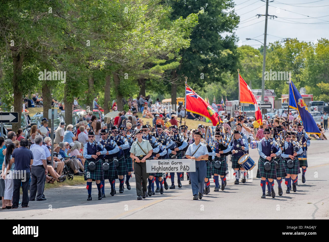 Beinn Gorm Highlanders Pipe and Drum Band marches in the 41st Annual Scottish Festival parade in Orillia Ontario. Stock Photo