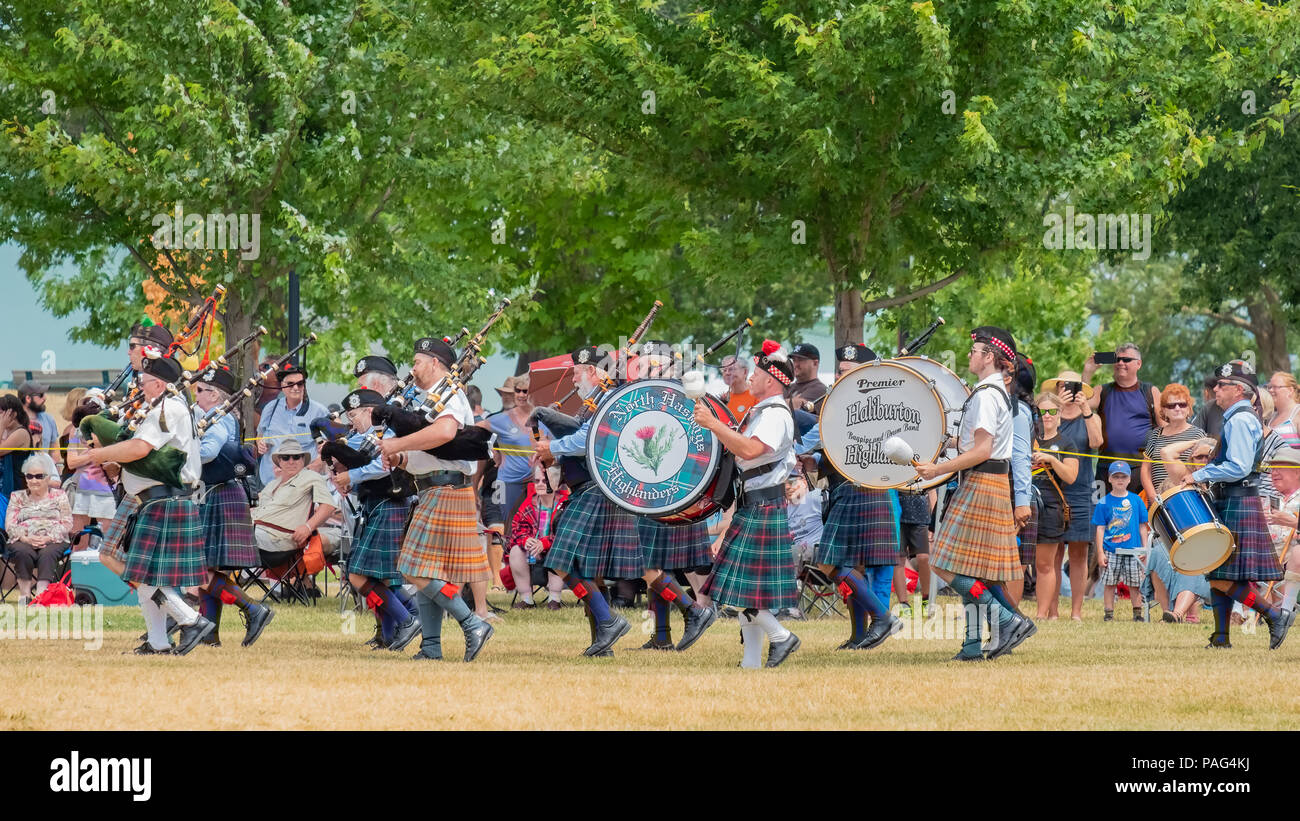 Massing of the bands to create one large band at the 41st Annual Scottish Festival in Orillia Ontario. Stock Photo
