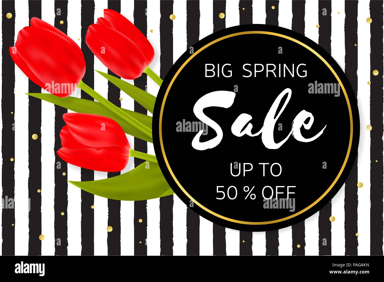 Vector illustration of stylish Big Spring sale background with beautiful flowers on the rough stripes background in Memphis style. Stock Vector