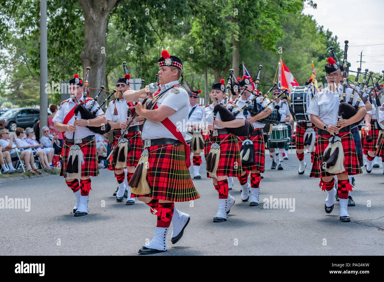 Members of the Midland Ontario Legion Pipes and Drums participate in the 41st Annual Scottish Festival in Orillia Ontario. Stock Photo