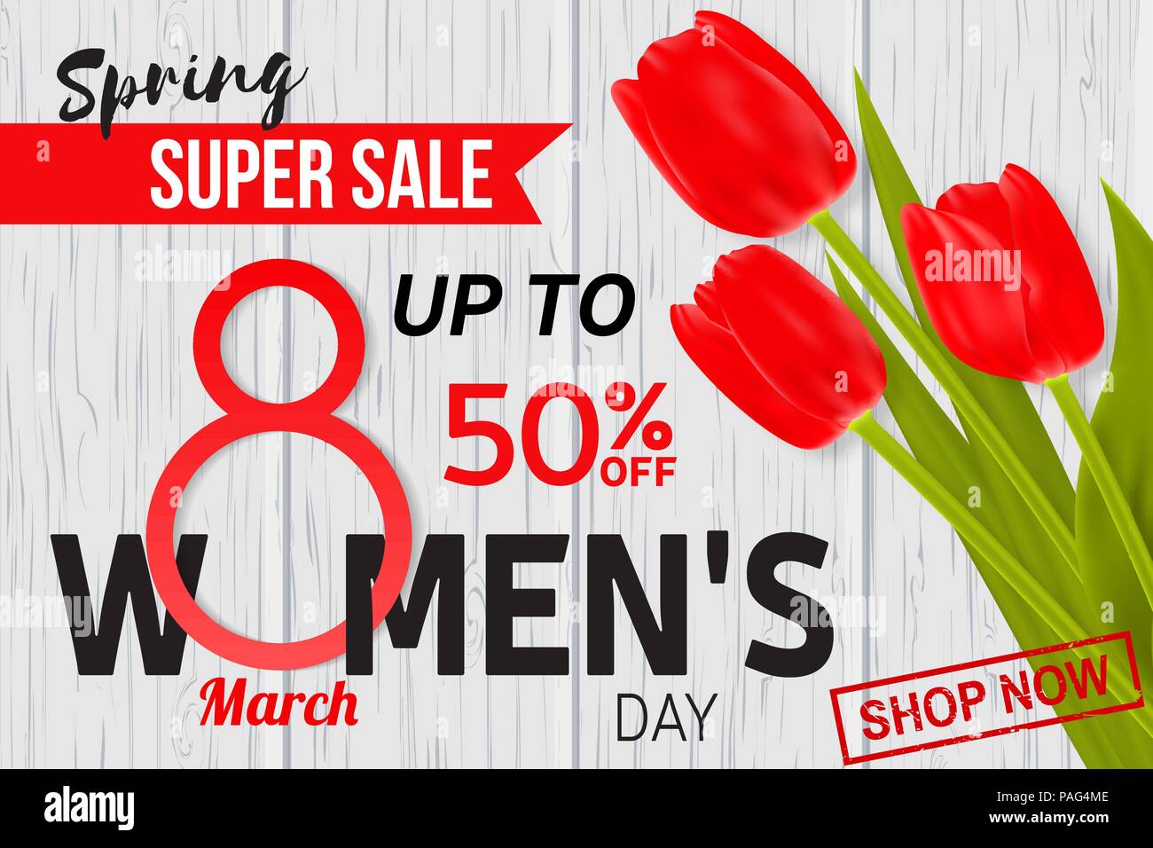 Women s Day sale design for web banner, flyer or background composition with red tulips. Vector illustration. 8 march. Womens Day Greeting Card on woo Stock Vector