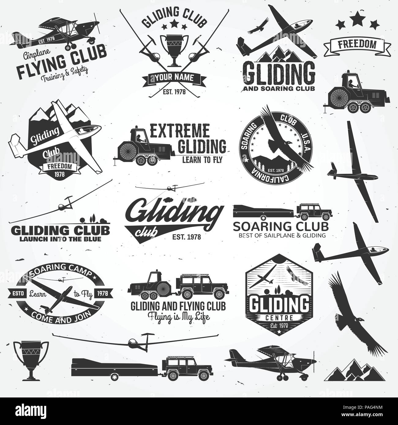 Soaring club retro badges and design elements. Vector illustration. Gliding club design. Concept for shirt, print, seal or stamp. Family vacation, act Stock Vector