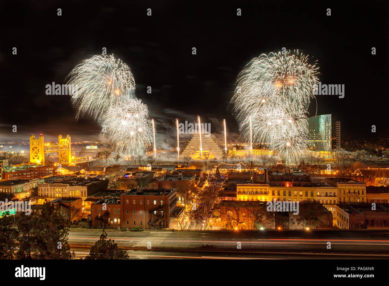 New Years Eve Fireworks in Sacramento, California over the river with a