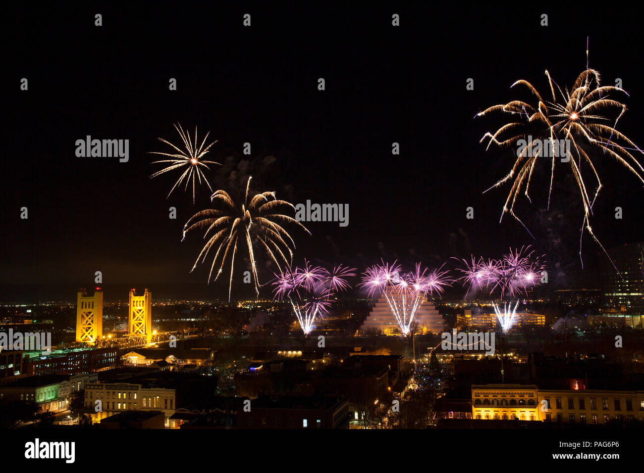Fireworks show on New Years Eve in Sacramento, California Stock Photo
